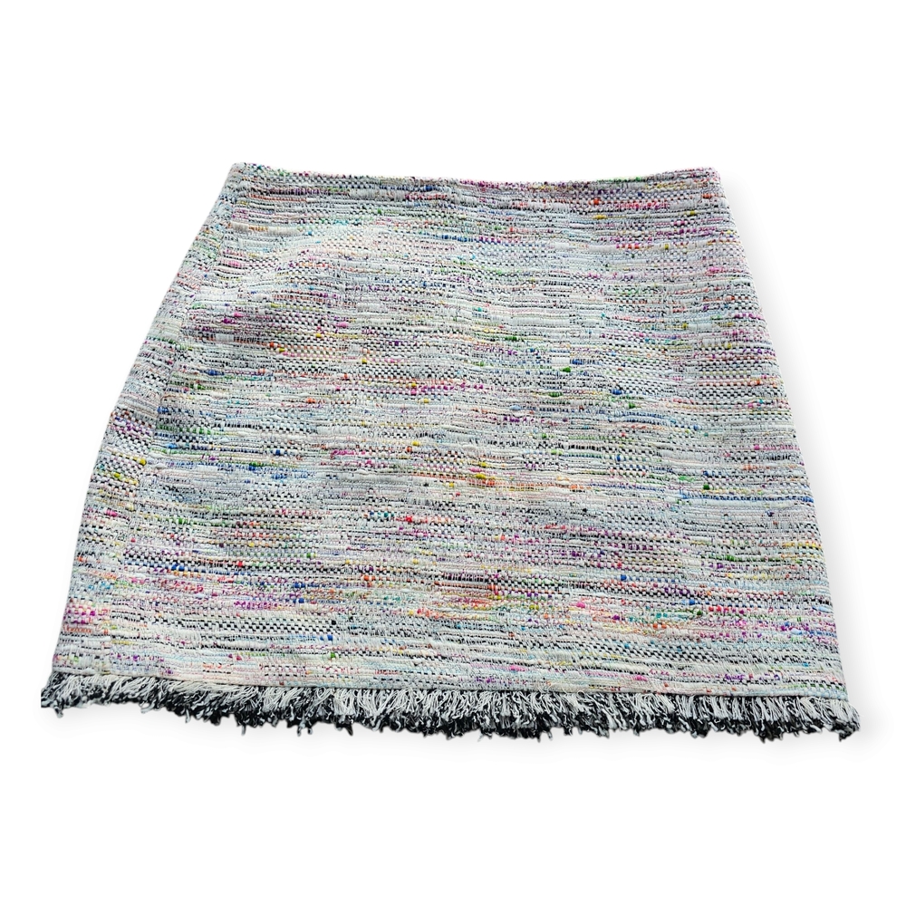Trina Turk Designer Multicolor Tweed Skirt With Pink Lining and Fringe Vintage